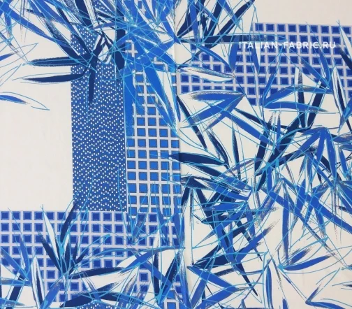 Шелк креповый "Папоротник на клетке", цвет синий, 01260-2